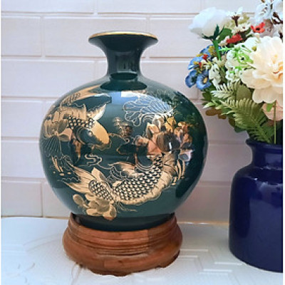 Bình hút tài lộc phong thủy Song ngư vọng nguyệt vẽ vàng 24k gốm sứ Bát Tràng cao cấp (H28xD25cm)