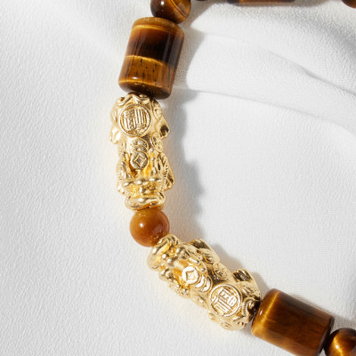 Vòng đá thạch anh mắt hổ phối 2 tỳ hưu bạc mạ vàng 24K Ngọc Quý Gemstones