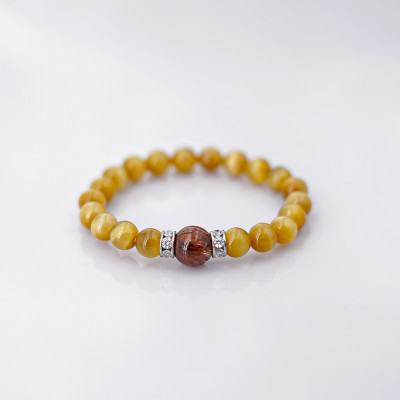 Vòng tay phongg thủy Mắt hổ vàng tâm 8mm + Thạch Anh Tóc nâu do Anqlo tác chế