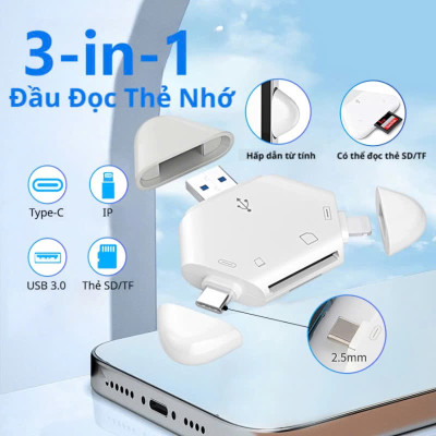 Đầu đọc thẻ nhớ SD, TF ( Micro SD ) đa năng 3in1 dùng cho iPhone, iPad, điện thoại Android, máy tính, PC, laptop - Hàng Chính Hãng