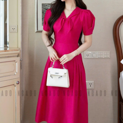 Đầm hồng sen tay phồng NGADO , đầm thiết kế Nữ , đầm công sở , dự tiệc