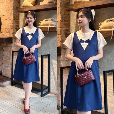 Đầm bầu yếm liền công sở cổ bèo tim đính nơ chất cotton lạnh mềm mịn dễ thương