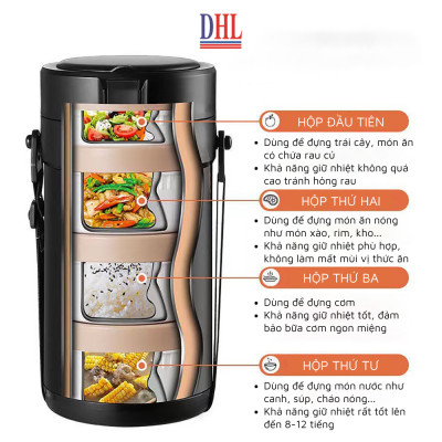 Lồng cơm 4 ngăn giữ nhiệt văn phòng Mitomo LCH-7086 dung tích 2.8L kèm nĩa và thìa