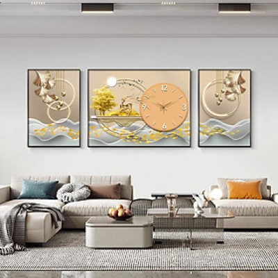 Tranh đồng hồ tráng gương cách điệu hươu vàng tài lộc trang trí phòng khách, làm quà tân gia