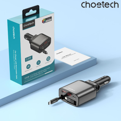Tẩu sạc ô tô đa năng 105W Choetech TC0033 tích hợp cáp sạc rút Type C và đầu nối iP - Hàng chính hãng