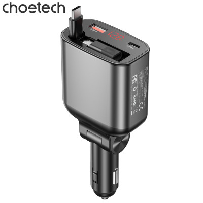 Tẩu sạc ô tô 105W Choetech TC0033 tích hợp cáp sạc rút có màn hình LED hiển thị thông số - Hàng chính hãng