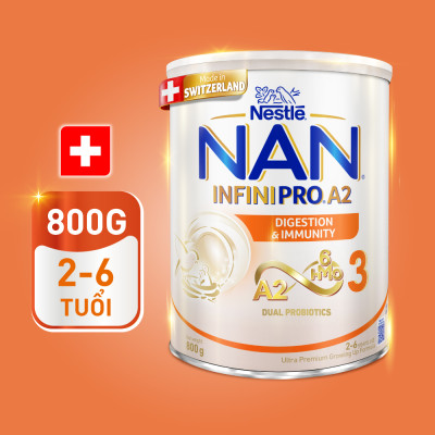 Sữa bột NAN INFINIPRO A2 800g Thụy Sĩ 3 với đạm quý A2 tiêu hóa tốt sau 7 ngày và 6HMO tăng cường đề kháng (2 - 6 tuổi) - Tặng Đồ chơi bắt banh