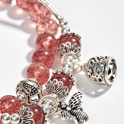 Vòng 2 Line Thạch Anh Dâu Phối Charm Ong Bạc (6mm)