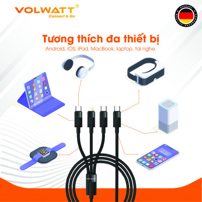 Cáp sạc siêu nhanh 3 đầu Volwatt GE-S36-S3 hàng chính hãng | Type-C ra C (100W)+C(15W)+L(27W), dây bện 1.5m | BH 12 tháng