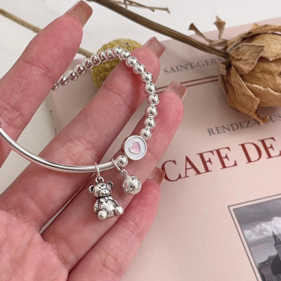 Lắc Tay Vòng Tay Nữ Bạc 925 Bi Trơn Mix Với Gấu Dễ Thương Bạc Hiểu Minh LTU574