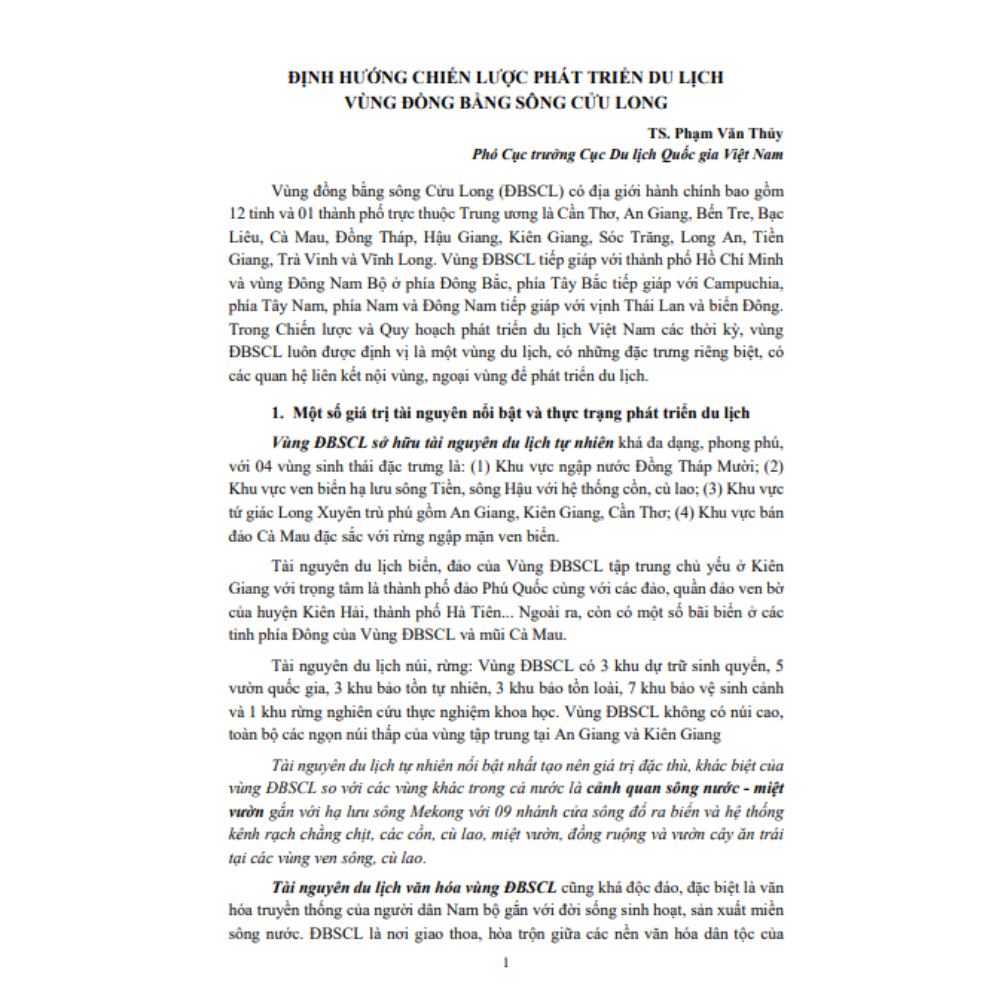 Định Hướng Chiến Lược Phát Triển Du Lịch Vùng Đồng Bằng Sông Cửu Long
