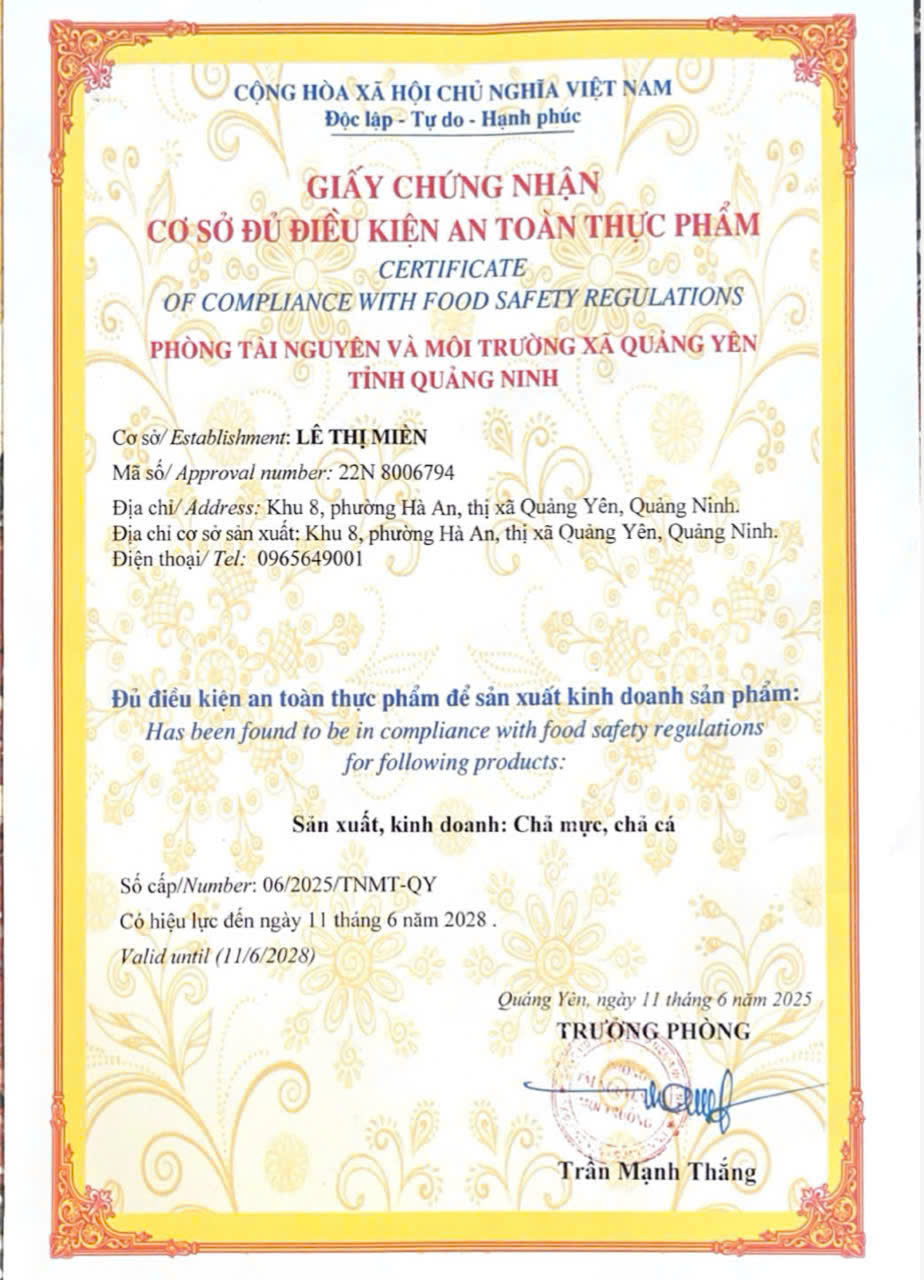 Giấy chứng nhận cơ sở đủ điều kiện an toàn thực phẩm