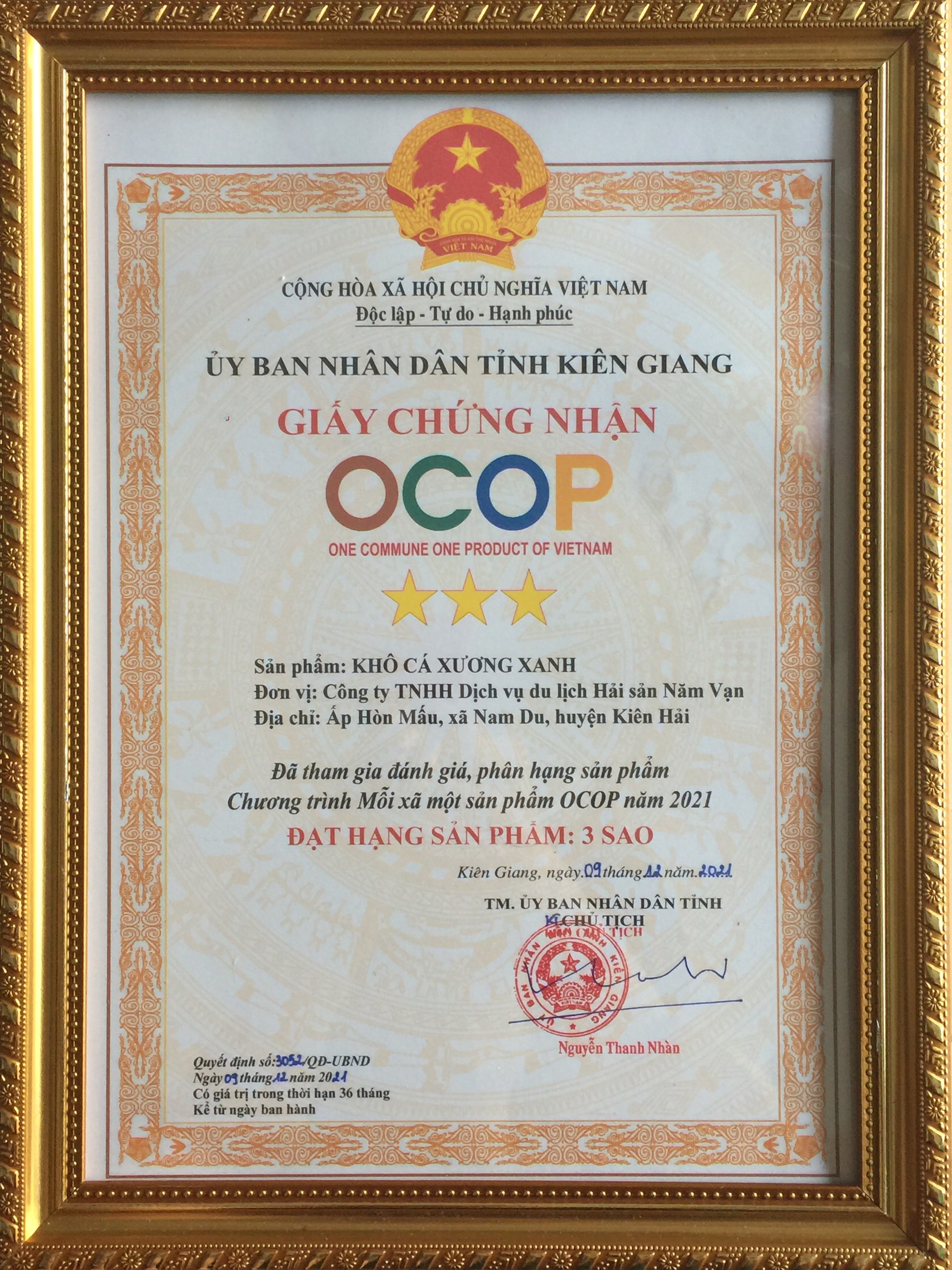 Chứng Nhận OCOP Khô Cá Xương Xanh