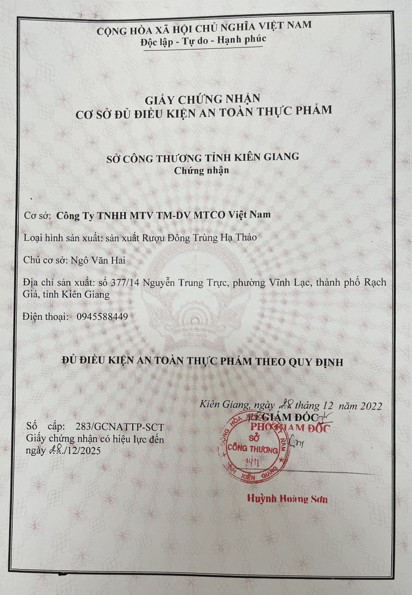 Giấy Chứng Nhận An Toàn Vệ Sinh Thực Phẩm