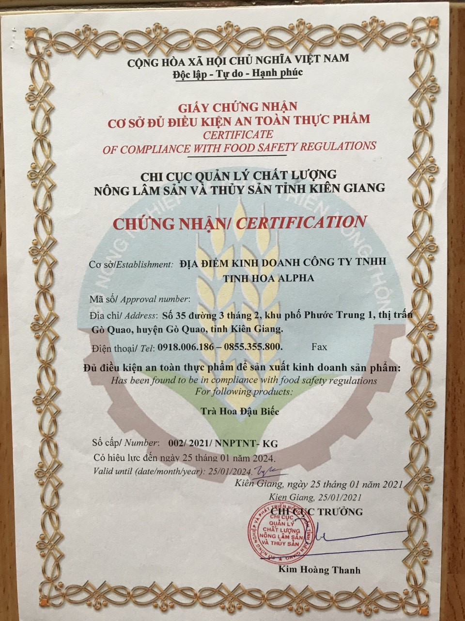Giấy Kiểm Nghiệm - Báo Cáo Chất Lượng - Các Chứng Nhận - OCOP Công Ty TNHH Tinh Hia Alpha