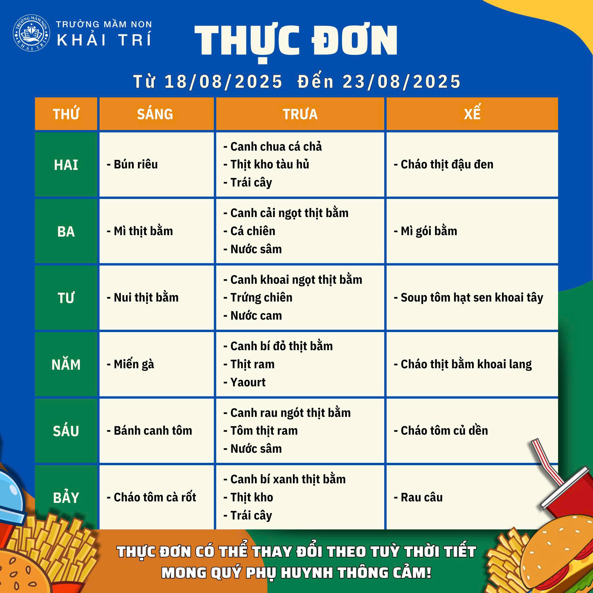 Thực Đơn Tuần Mới (Từ 18/08/2025 - 23/08/2025)