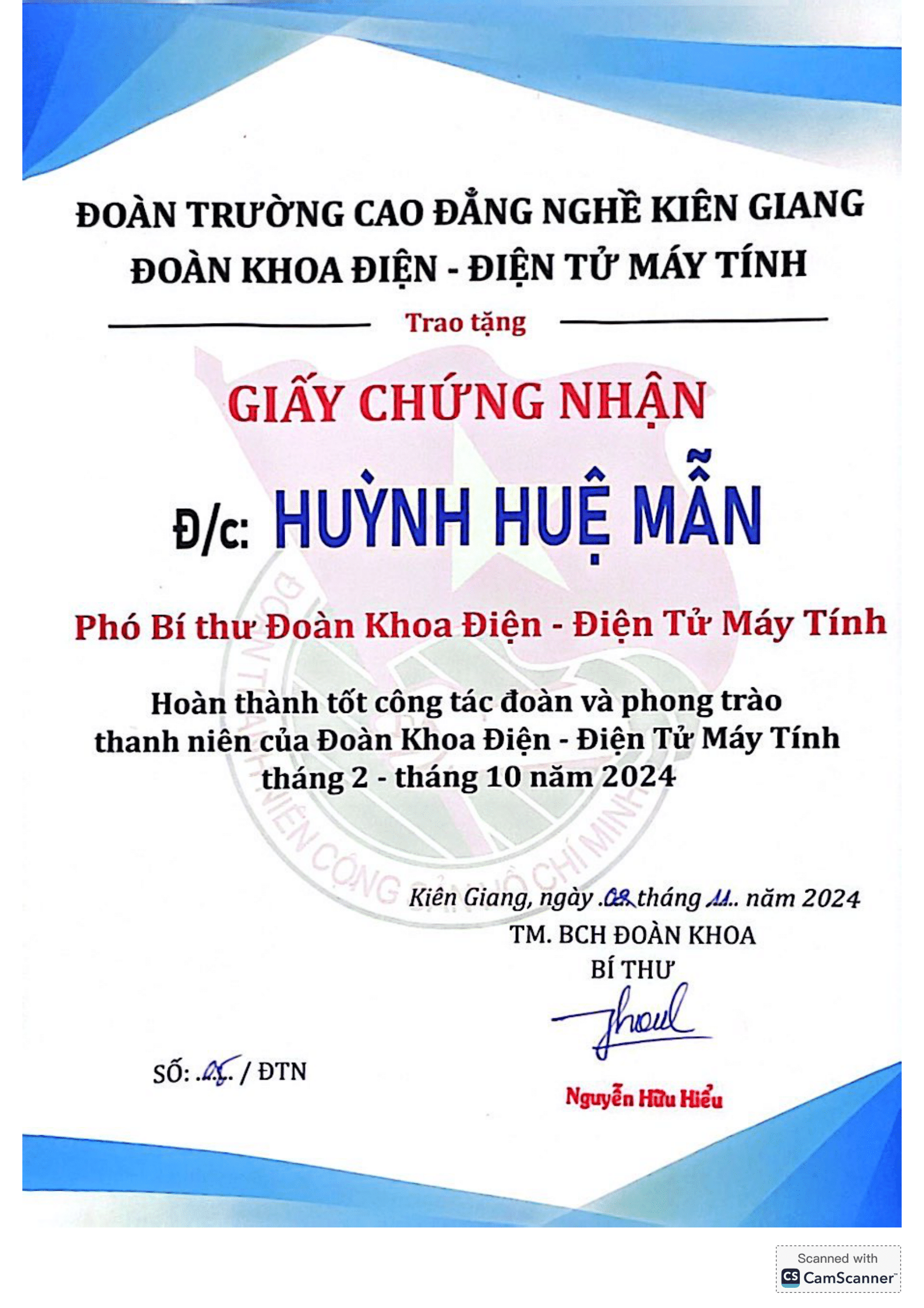Giấy Chứng Nhận Đoàn Viên Hoàn Thành Tốt Trong Tháng Cấp Khoa