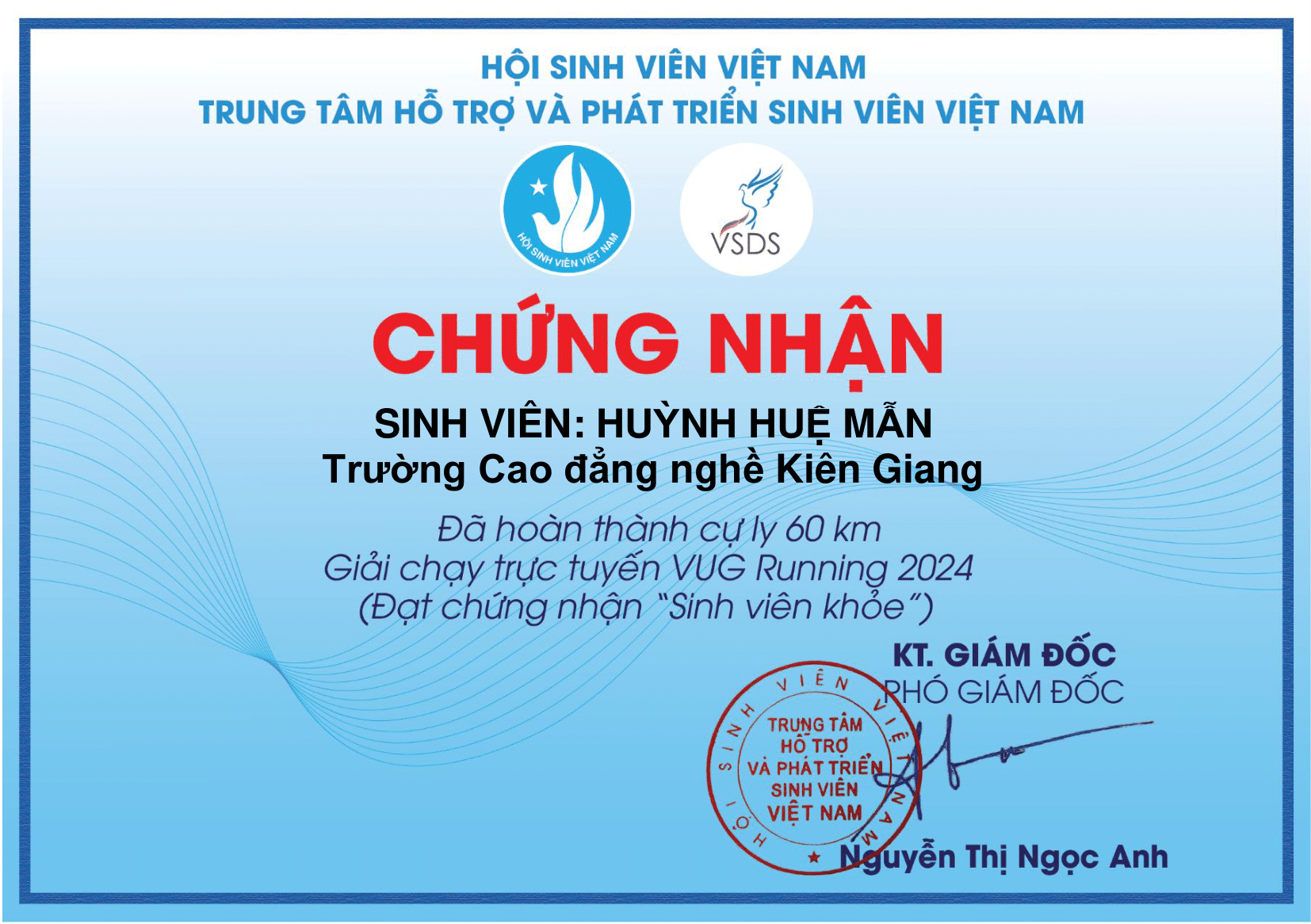 Giấy Chứng Nhận Sinh Viên Hoàn Thành Giải Chạy VUG 2024 Do Hội Sinh Viên VN Cấp