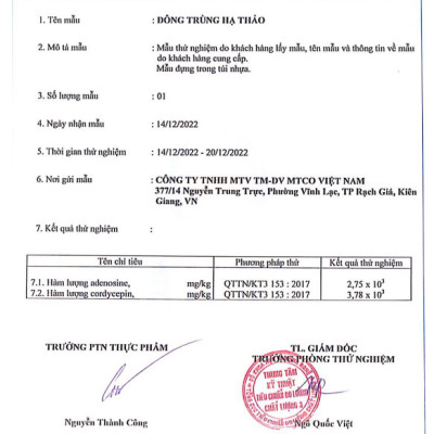 Phiếu Kết Quả Thử Nghiệm Đông Trùng Hạ Thảo MTCO