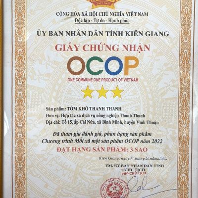 Giấy Chứng Nhận OCOP tôm khô Thanh Thanh