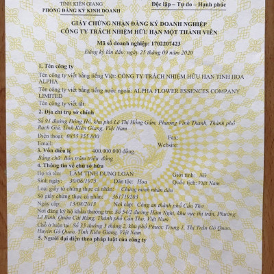 Giấy Phép Kinh Doanh Công Ty TNHH Tinh Hoa Alpha