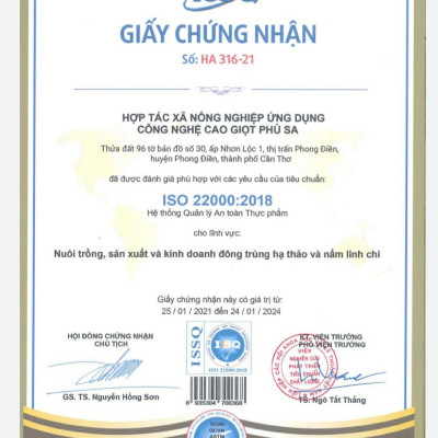 Giấy Chứng Nhận ISO 22000:2018 HTX Giọt Phù Sa