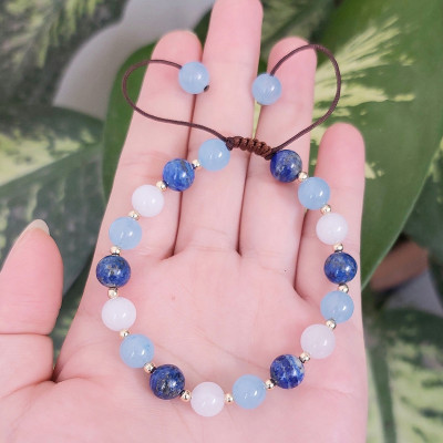 Vòng tay Nữ phong thủy đá Aquarium mix bi bạc tròn hút Tài Lộc Duyên kết dây cotton thủ công