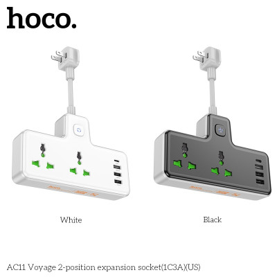 Ổ cắm điện đa năng sạc nhanh PD 17W có 1 cổng typeC + 3 cổng USB và có 2 lỗ cắm tải 2500W AC11 - Chính hãng