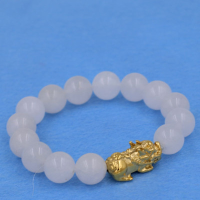 Vòng đeo tay thạch anh trắng 12 ly - cẩn Tỳ Hưu inox vàng VTATTHV12 - hợp mệnh Kim, mệnh Thủy