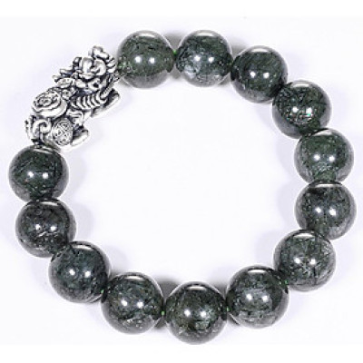 Vòng tay đá thạch anh tóc xanh mix tỳ hưu bạc hạt đá 14mm mệnh hỏa, mộc - Ngọc Quý Gemstones