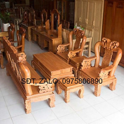 BÀN GHẾ GỖ GÕ ĐỎ TAY 12 CHẠM ĐÀO, bộ bàn ghế phòng khách