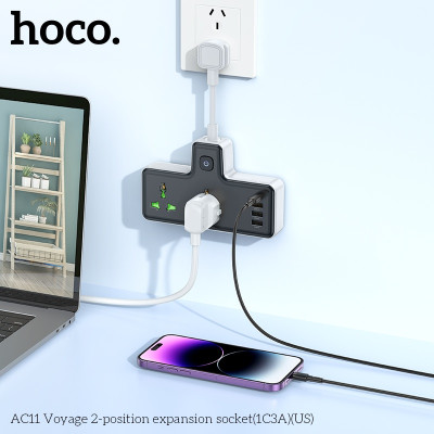 Ổ cắm điện đa năng sạc nhanh PD 17W có 1 cổng typeC + 3 cổng USB và có 2 lỗ cắm tải 2500W AC11 - Chính hãng
