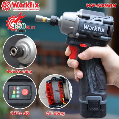 Máy Bắn Vít Workfix 150N.m - WF-SD150N - 3 Tốc Độ - Động Cơ Từ - 2 Pin 16.8V/2Ah - Đầu 1/4 - Nhỏ Gọn Chuyên Dùng Làm Nhôm Kính, Làm Mộc, Nội Thất...