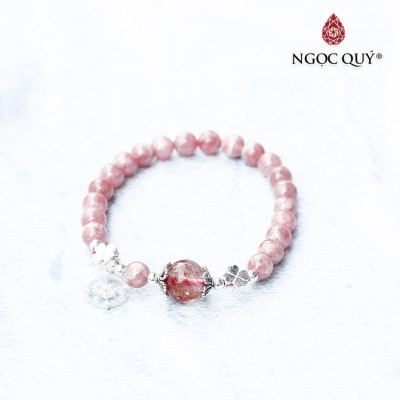 Vòng tay đá đào hoa rhodochrosite 7mm phối thạch anh tóc đỏ charm bạc mệnh hỏa , thổ - Ngọc Quý