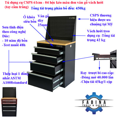 Tủ dụng cụ CSPS 61cm - 04 hộc kéo màu đen ván gỗ vách lưới (tay cầm trắng)
