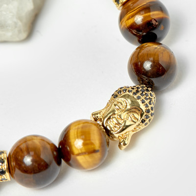 Vòng tay thạch anh mắt hổ phối charm phật hạt 12mm mệnh thổ, kim - Ngọc Quý Gemstones