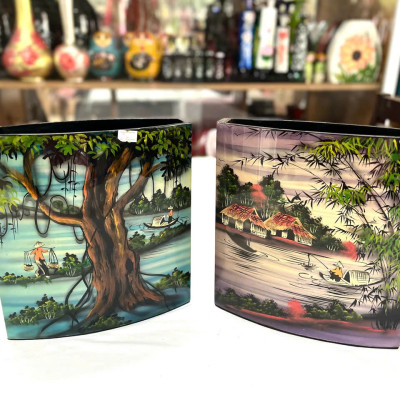 Bình Hoa Sơn Mài Cao Cấp – Dáng Dẹp Nghệ Thuật | Size 25x26x7.5 cm