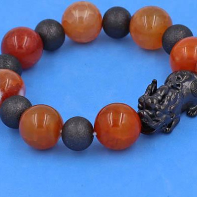 Chuỗi Tỳ Hưu inox Charm Đá Vân Rồng Cam 16 ly phối 6 bi - hợp mệnh Hỏa, mệnh Thổ - Vòng size XXL