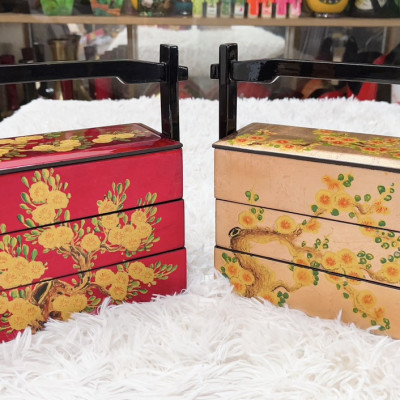 Hộp Cơm sushi sơn mài 3 tầng quai xách hàng vẽ đắp nổi cao cấp