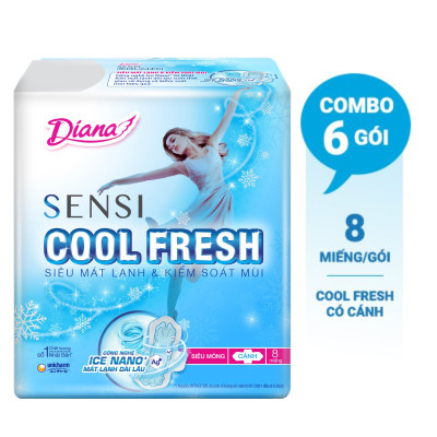 Bộ 6 Gói Băng Vệ Sinh Diana SenSi Cool Fresh Siêu Mỏng Cánh (8 Miếng/Gói)