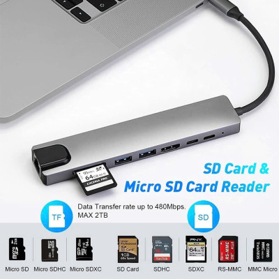Bộ Chuyển Đổi Hub USB C Hub 8 Trong 1 Type C 3.1 Sang 4K RJ45 Đọc Thẻ SD / TF Cho MacBook Notebook Laptop Máy Tính - Hàng Nhập Khẩu