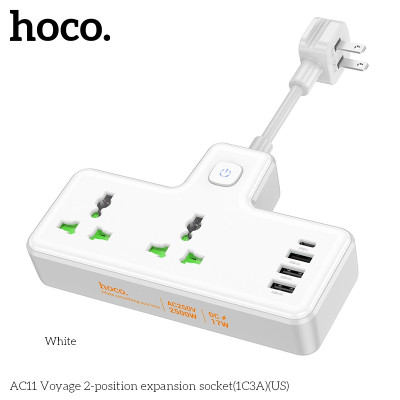 Ổ cắm điện đa năng sạc nhanh PD 17W có 1 cổng typeC + 3 cổng USB và có 2 lỗ cắm tải 2500W AC11 - Chính hãng