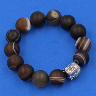 Vòng đeo tay Mã Não Nâu Sọc mờ 14 ly cẩn hạt Phật A Di Đà inox bạc VMNNSMNLT14 HỘP NHUNG - hợp mệnh Kim, mệnh Thổ