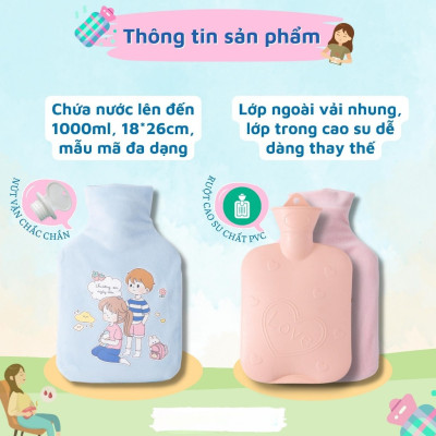Túi chườm nóng lạnh 1000ml, túi chườm sưởi ấm giảm đau bụng kinh họa tiết dễ thương KÈM HỘP ĐỰNG