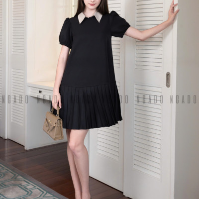 Đầm đen cổ phối kem NGADO , đầm suông , đầm kiểu nữ