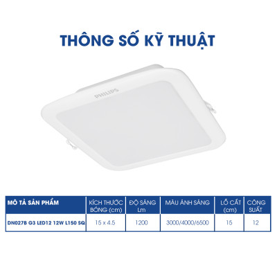 Bộ đèn Philips downlight LED Vuông DN027B G3 LED6/ LED9/ LED12 (3000K/ 4000K/ 6500K)