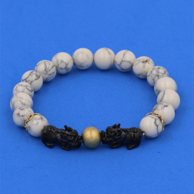 Chuỗi đeo tay San Hô Trắng sọc size 8 ly, 10 ly, 12 ly - Vòng tay Tỳ Hưu Đôi inox đen VSHSTHHEV8 - hợp mệnh Kim, mệnh Thủy
