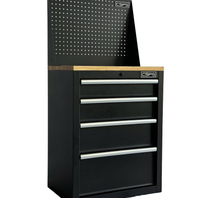 Tủ dụng cụ CSPS 61cm - 04 hộc kéo màu đen ván gỗ vách lưới (tay cầm trắng)