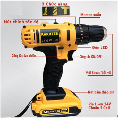 Bộ máy khoan pin RAKUTEN 24V  khoan tường, khoan sắt, khoan bê tông máy 2 pin, đảo chiều và mũi khoan