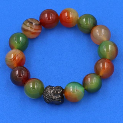 Vòng đeo tay Thạch Anh Xanh Nâu 14 ly cẩn hạt Phật A Di Đà inox đen VTAXNNLE14